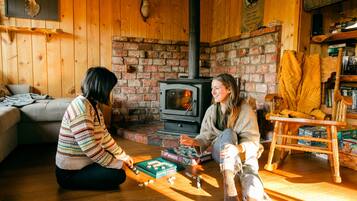 A cozy room with a brick fireplace, wooden walls, and a comfortable seating area with a sofa and a chair.