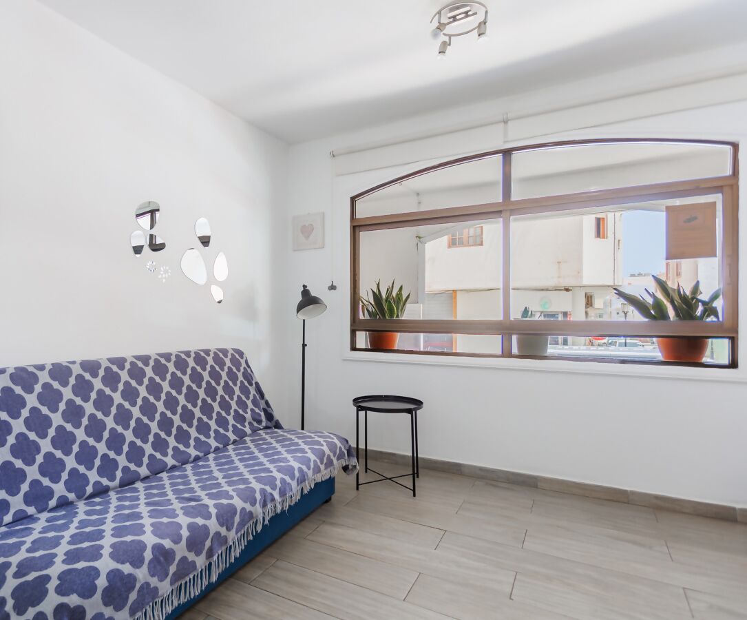 A modern living room with a patterned sofa, a small side table, a floor lamp, and a large window with potted plants.