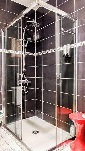 Douche, sèche-cheveux, serviettes fournies, papier toilette