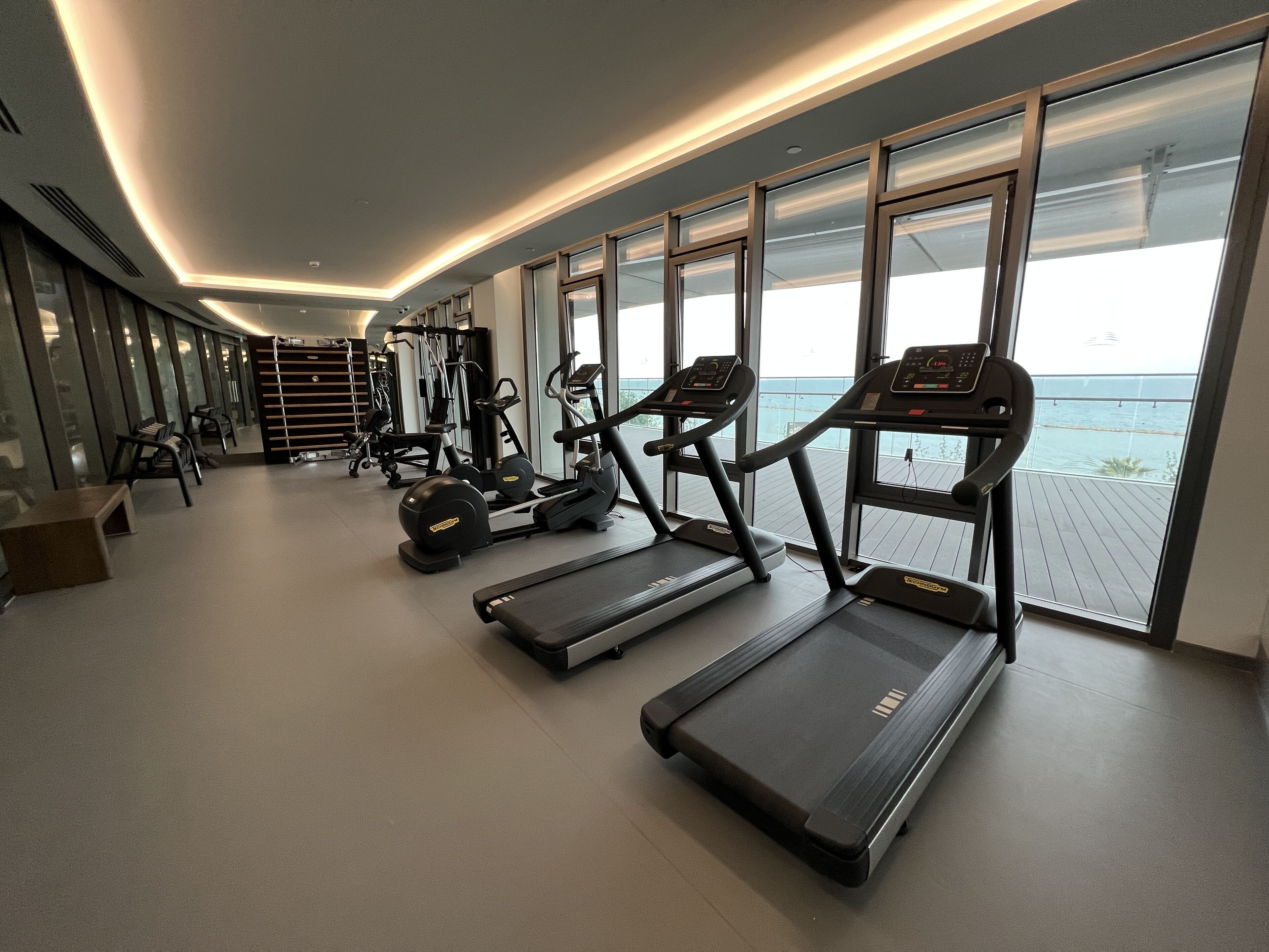 A modern gym with treadmills, weight machines, and benches.