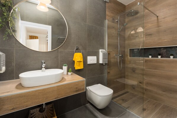 Shower, hair dryer, towels, soap