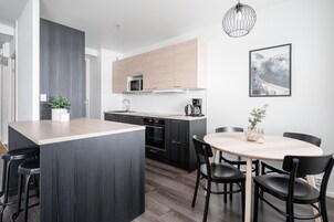 Deluxe Apartment | Private kitchen | Full-size fridge, microwave, oven, stovetop