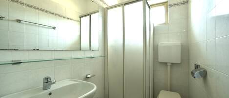 A bathroom with a sink, bidet, toilet, and glass shower enclosure.