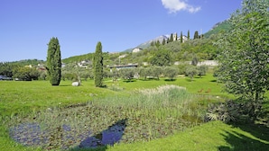 A lush green landscape with a pond, trees, and a mountain in the background. - Villa Gran Paradiso (Toscolano-Maderno)