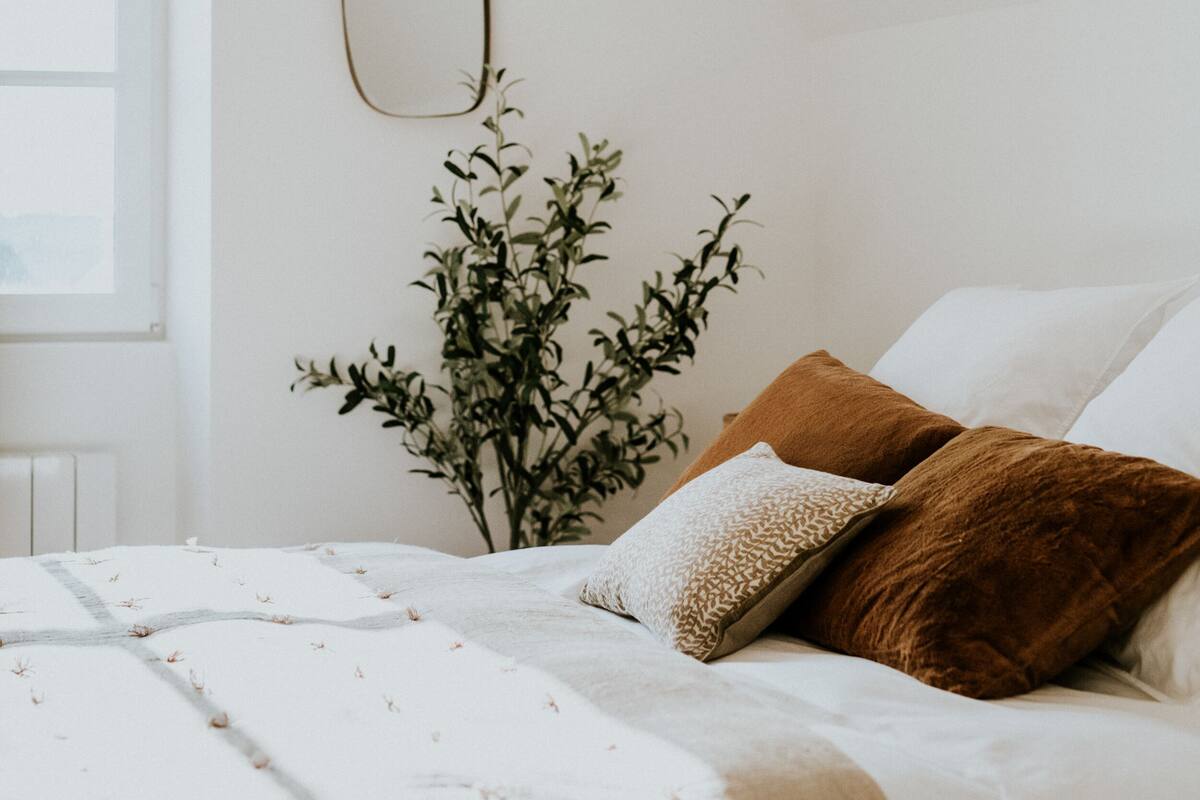 Un dormitorio con cama, lámpara colgante, espejo en la pared y una planta en maceta.