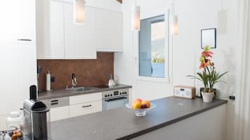 Geladeira, fogão, lava-louças, cafeteira/chaleira