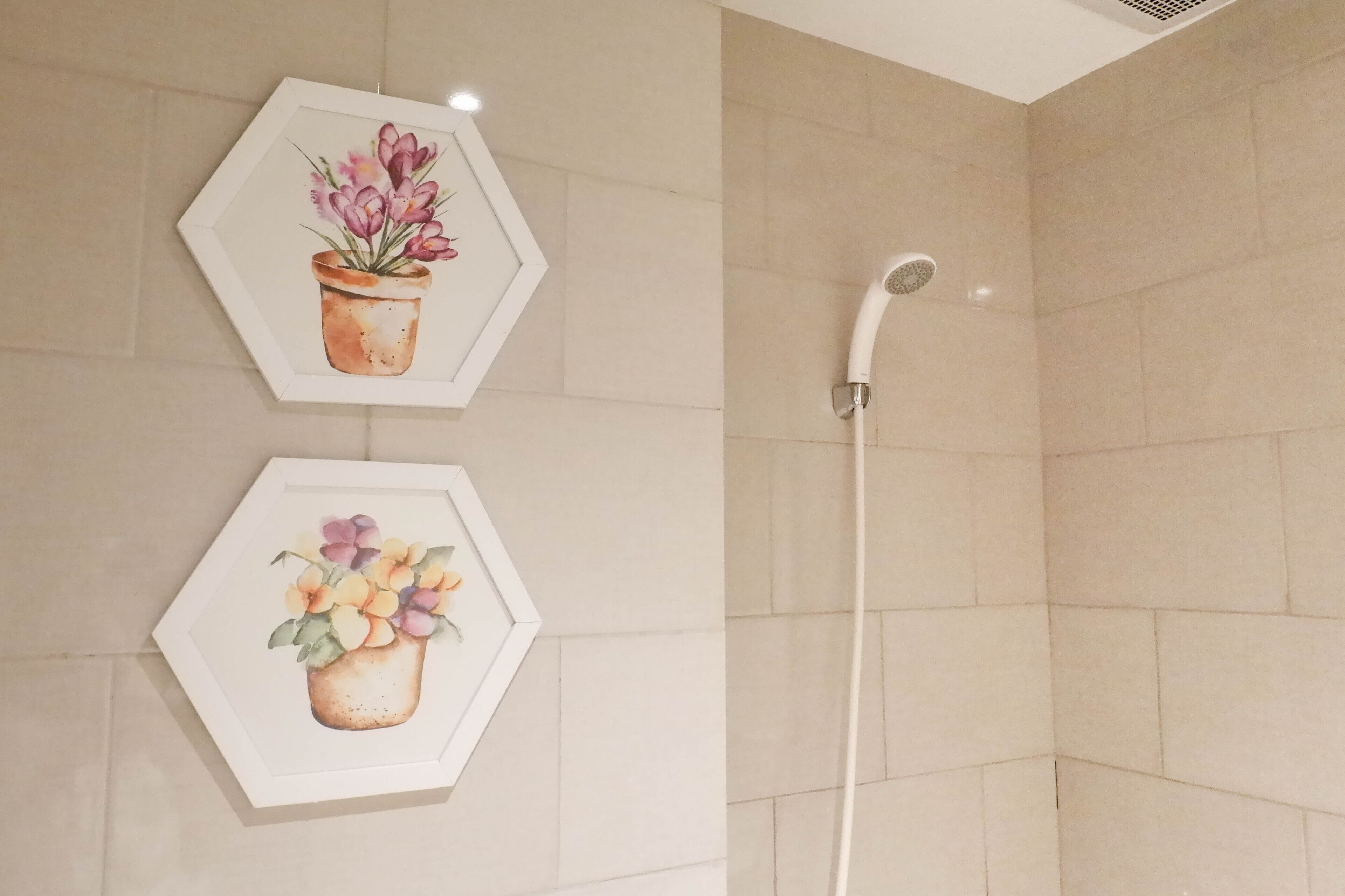 A bathroom with hexagonal framed floral artwork on the wall and a showerhead.