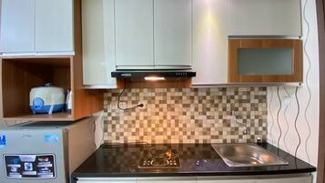 Fridge, stovetop, cookware/dishes/utensils