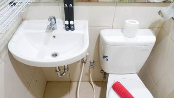 A bathroom with a white sink, a toilet, and a shower hose.