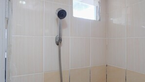 Ducha con cabezal de ducha de mano y panel de control en la pared.