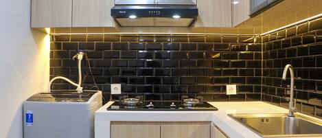 Fridge, stovetop, cookware/dishes/utensils