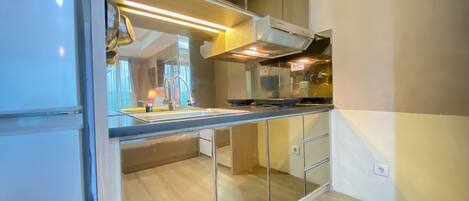 Fridge, stovetop, cookware/dishes/utensils