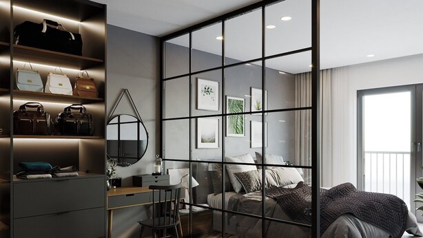 Een moderne slaapkamer met een bureau, een stoel, een bed en een kledingkast.