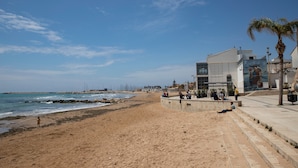 A beach with a concrete walkway, a palm tree, and a building with a mural.