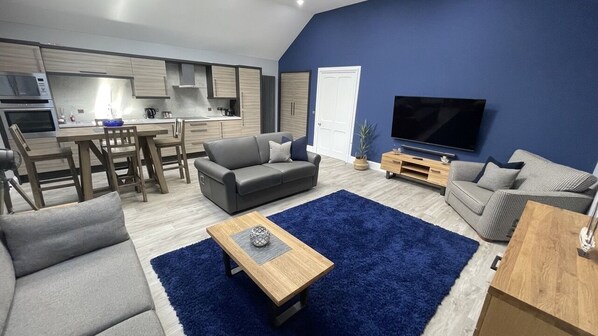 A modern living room with a kitchen, grey sofas, a blue rug, and a flat-screen TV.