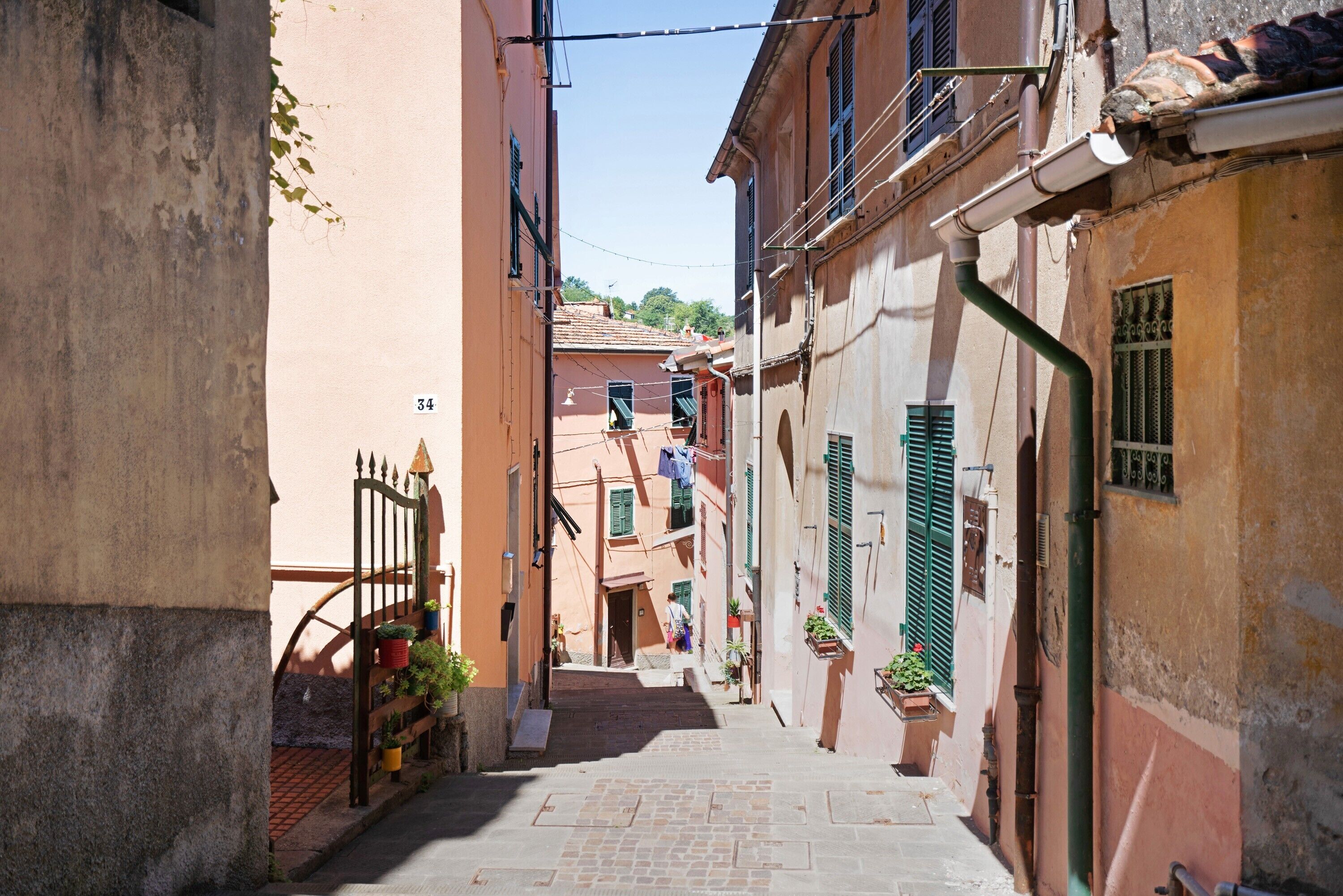 A narrow street with buildings on either side, a gate, and potted plants.