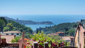 Une vue sur la côte, avec des bâtiments, de la végétation et un ciel dégagé.