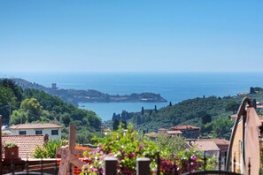 Vista costera con edificios, vegetación y cielo despejado.