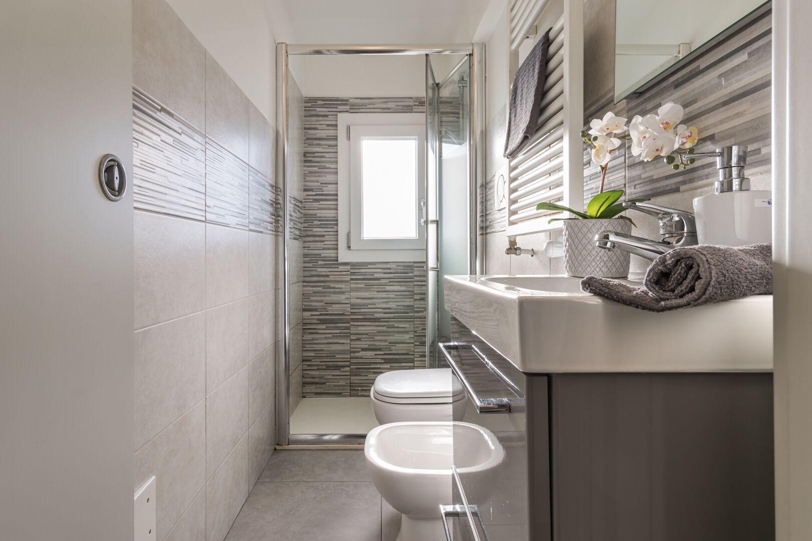 Shower, hair dryer, bidet, towels