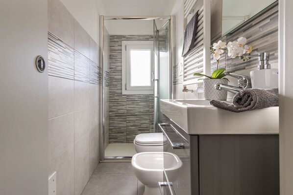 Shower, hair dryer, bidet, towels