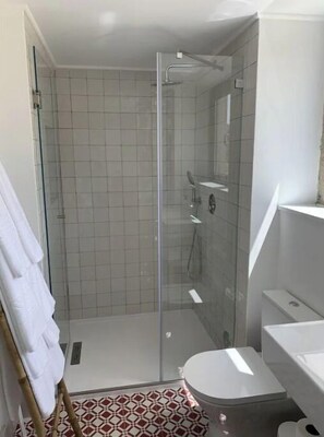 Shower, hair dryer, towels, soap