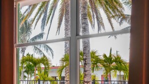 Una ventana con vista a palmeras y una valla.