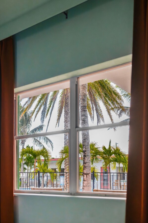 Una ventana con vista a palmeras y una valla.