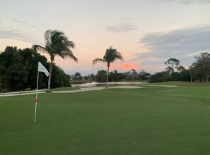 A golf course with a flag, palm trees, and a sunset in the background.