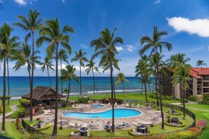 A resort with a pool, palm trees, and a view of the ocean.