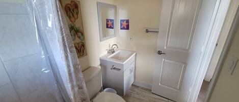 Bagno con WC, lavandino e zona doccia.