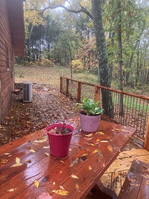 Outdoor dining - Custom craftsman cabin overlooking the Kings river. (Huntsville)