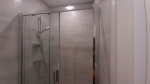 Eine Duschkabine mit Glaswänden, einer Handbrause und einem zusätzlichen Duscharm.