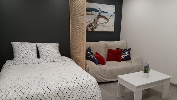 Ein Schlafzimmer mit einem Bett, einem Schlafsofa, einem kleinen Tisch und einem Gemälde an der Wand.