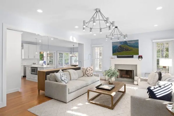 Smart TV, fireplace, books, music library