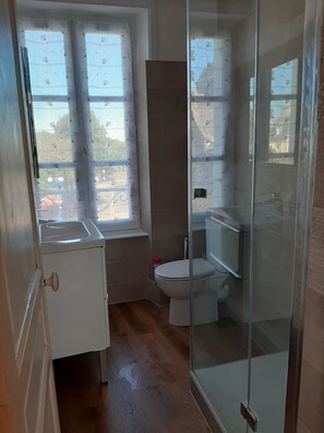 Une salle de bain compacte comprenant des toilettes, un petit lavabo et une cabine de douche en verre.