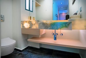 Shower, hair dryer, towels, toilet paper