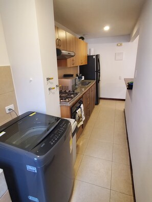 Full-size fridge, microwave, oven