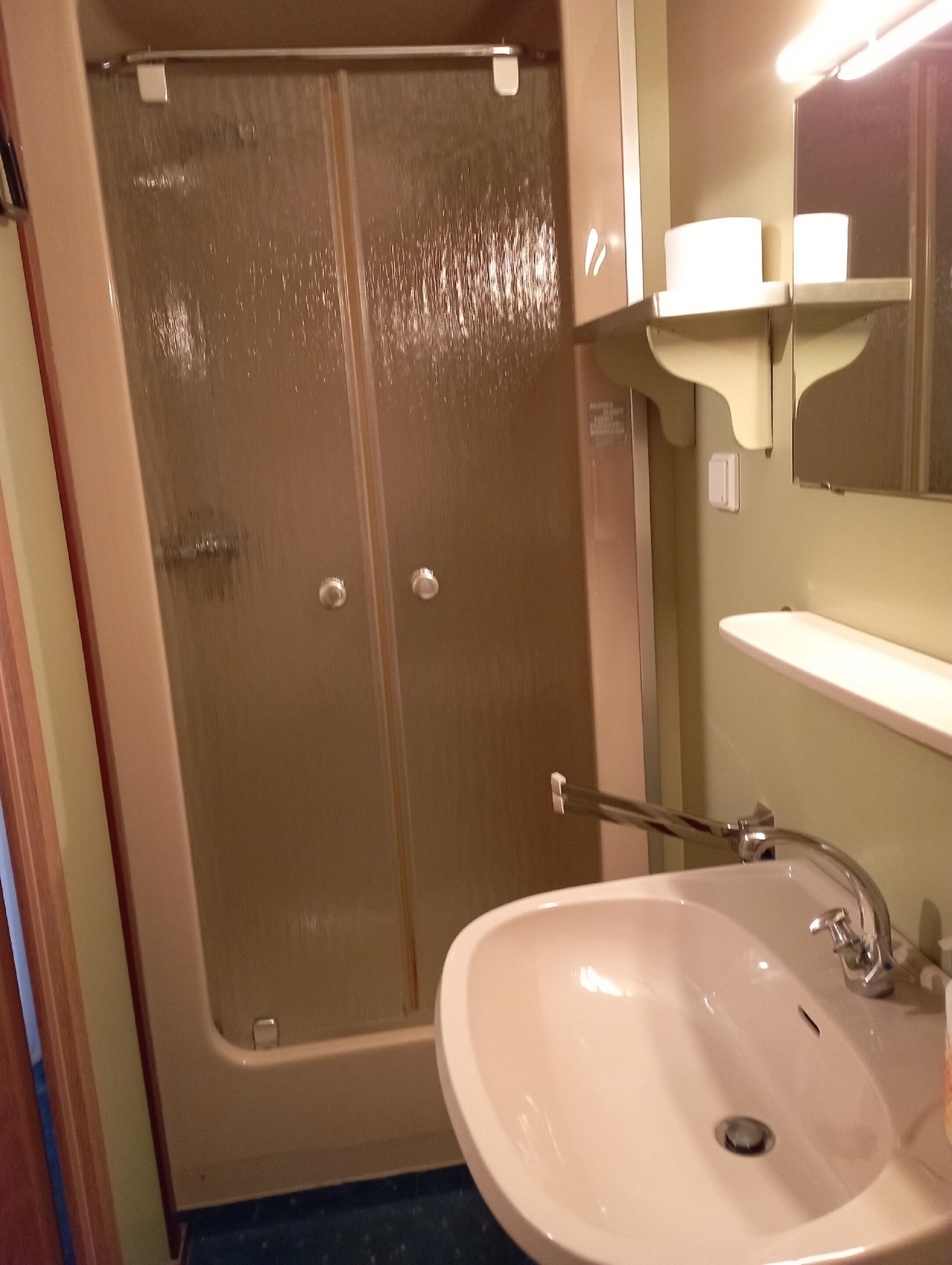 Un baño con ducha, lavabo y espejo.