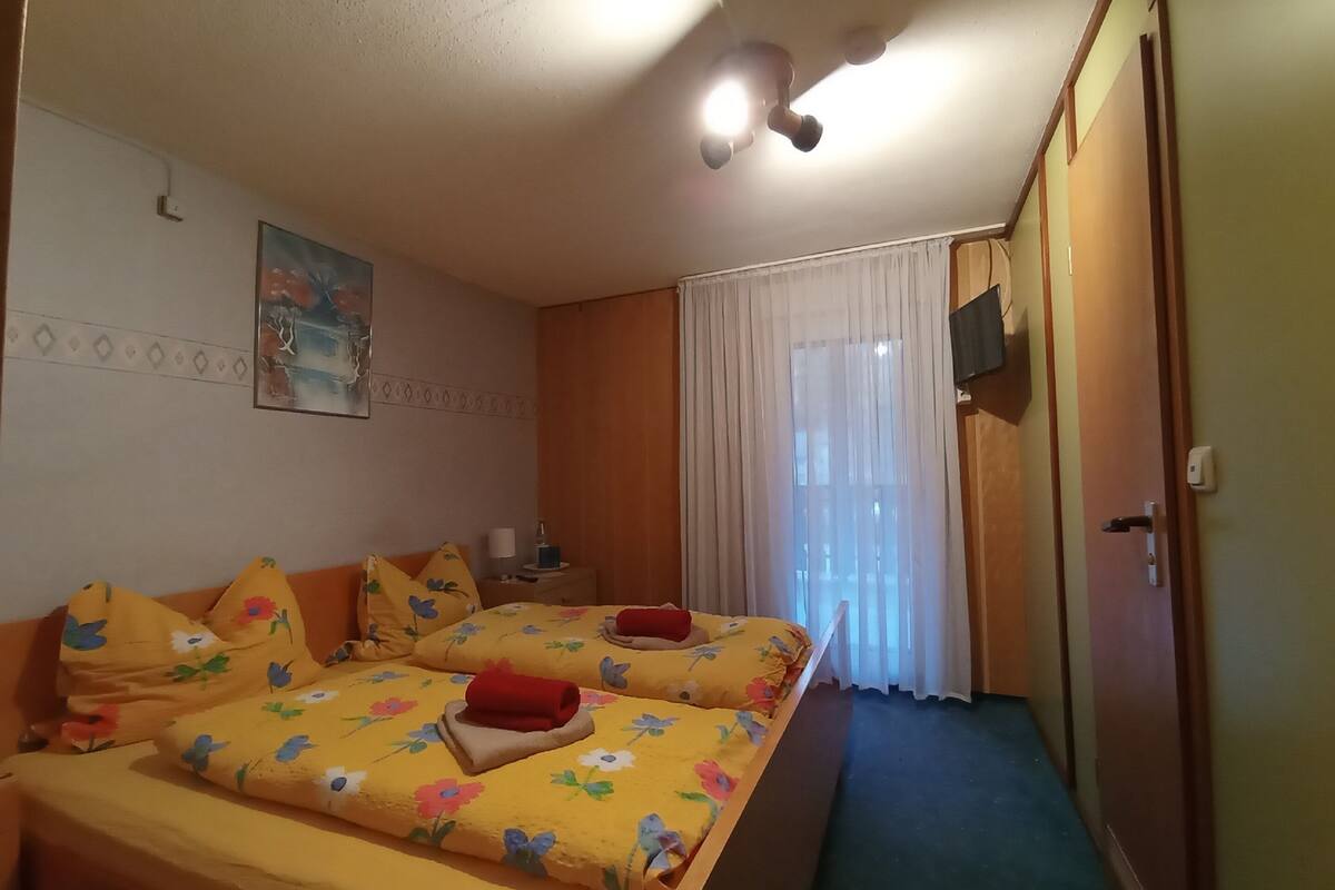 Habitación de hotel con dos camas, un cuadro en la pared, un televisor montado y una puerta con pomo.
