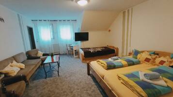 A room with a bed, a sofa, a small table with a plant, a TV, and a window with curtains.