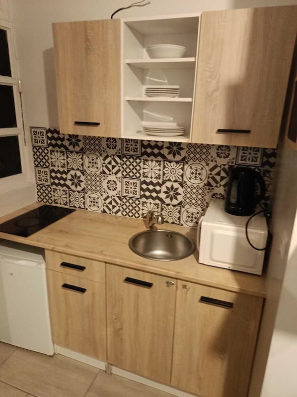 Fridge, microwave, stovetop