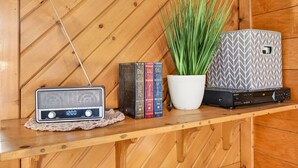 A wooden shelf with a vintage radio, a potted plant, and a Sony device. - Lazy Lane Cabins - Brookside Cabin (South Bloomingville)