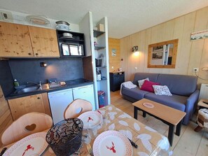 A compact living space with a kitchenette, dining area, and a sofa.