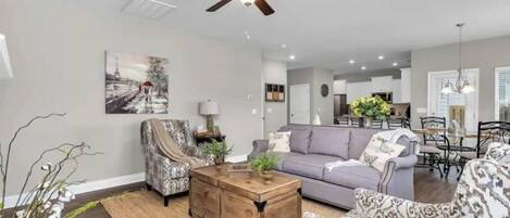 Smart TV, fireplace, books, printers