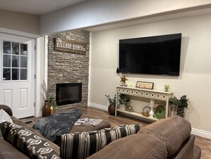 Smart TV, fireplace, video games, DVD player