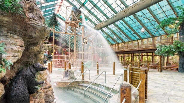 Ein Innenbrunnen mit einer Bärenstatue, einem Whirlpool und einer Holzterrasse.