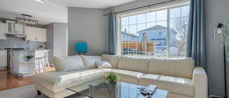 Smart TV, fireplace, books, offices