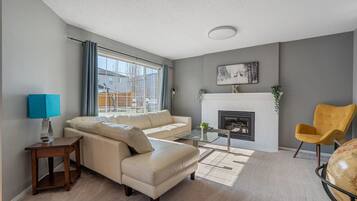 Smart TV, fireplace, books, offices