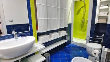 Shower, hair dryer, bidet, towels