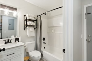 Combined shower/tub, hair dryer